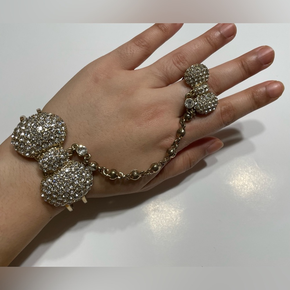 Gold Metal Bow Bracelet With Attached Bow Ring